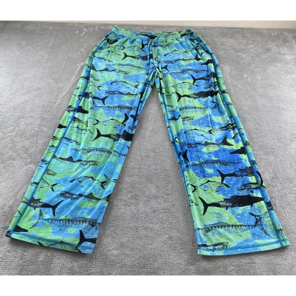 Reel Legends Mens Blue Green Fish Print Performance Lounge Pants Sz M Drawstring